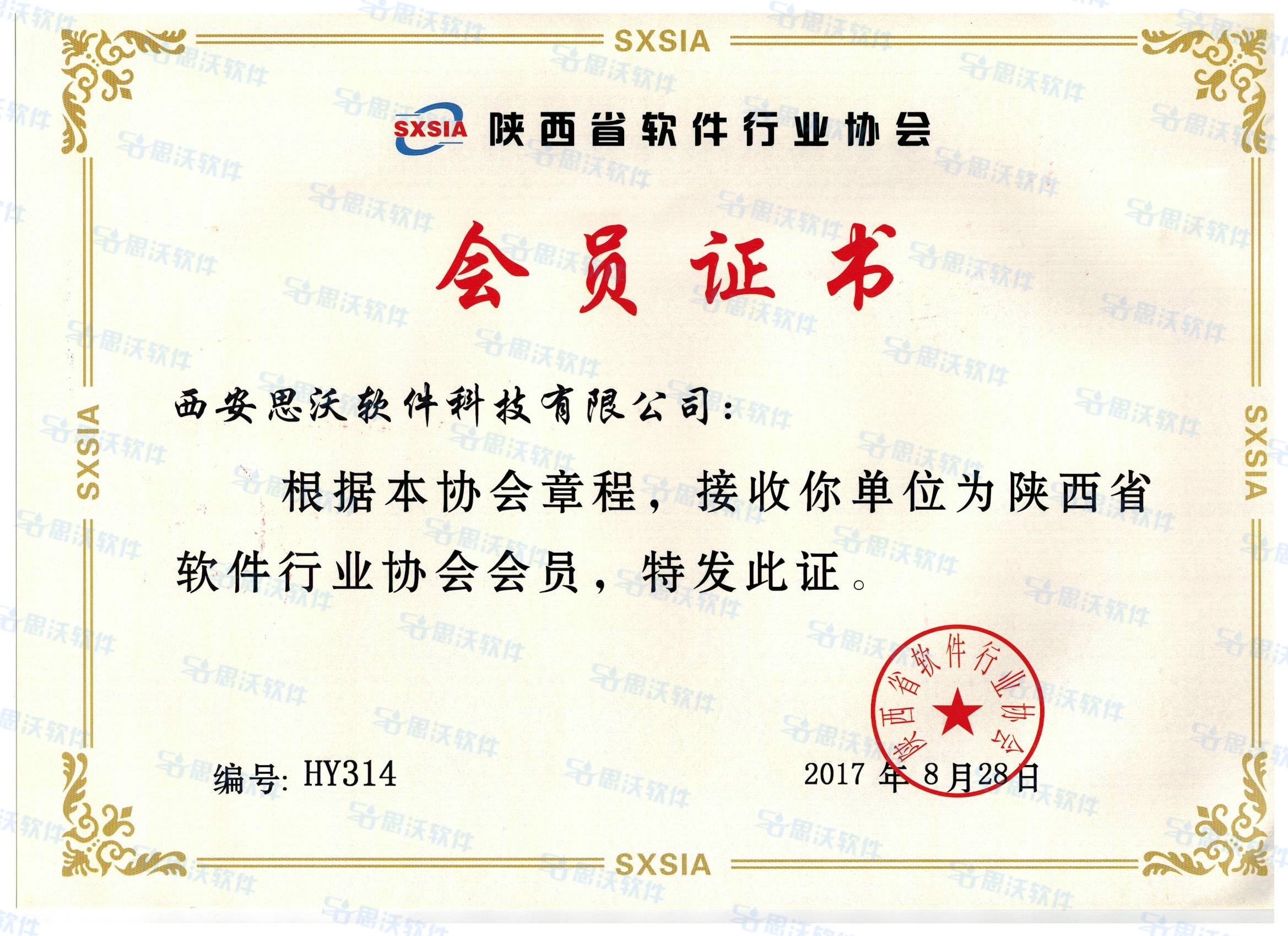 陜西省軟件行業(yè)協(xié)會(huì)會(huì)員證書(shū)